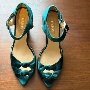 Teal Velvet Pointed-Toe Ankle-Strap Heels